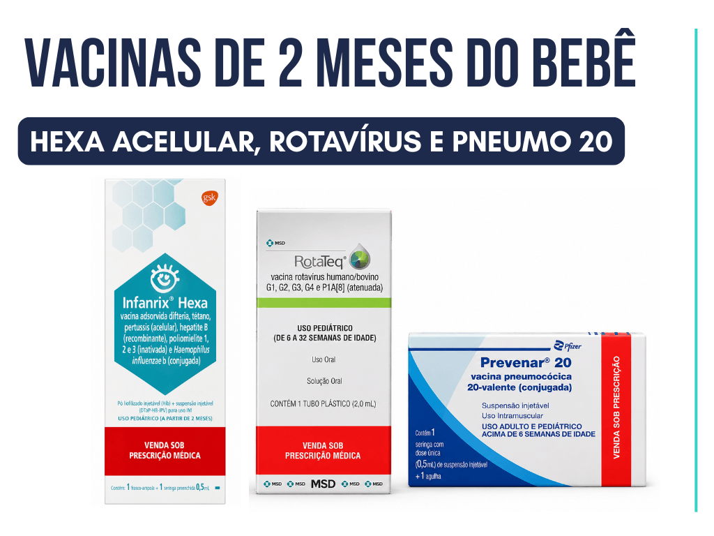 Vacinas de 2 meses do bebê em BH: hexavalente acelular, pneumo 20 e rotavírus pentavalente